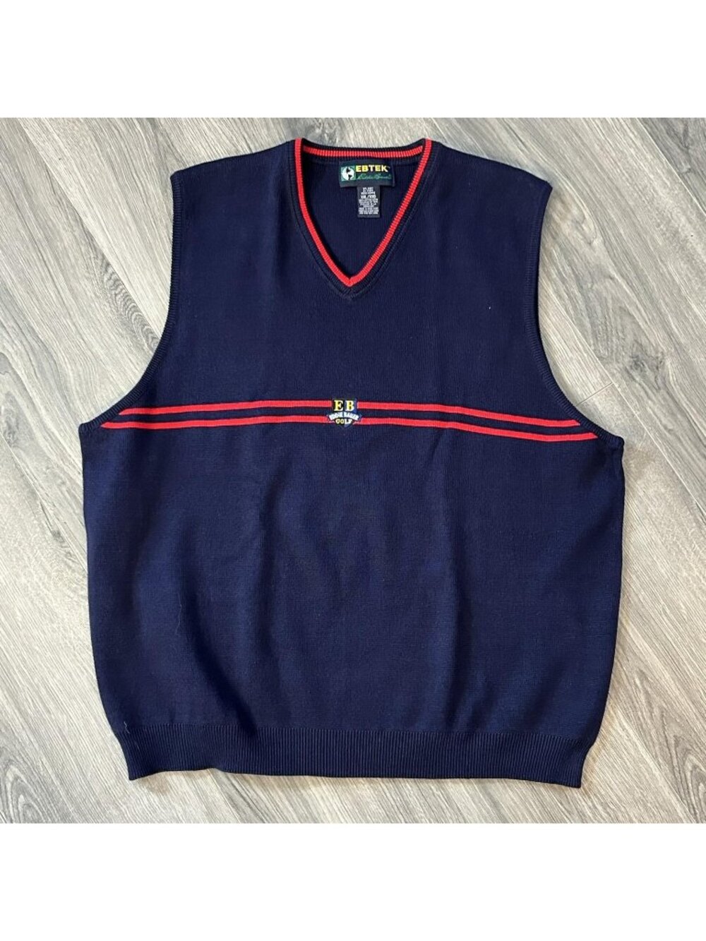 VINTAGE Eddie Bauer Vest Mens 2XL Blue EBTEK Golf Knit Sweater V Neck Stripe